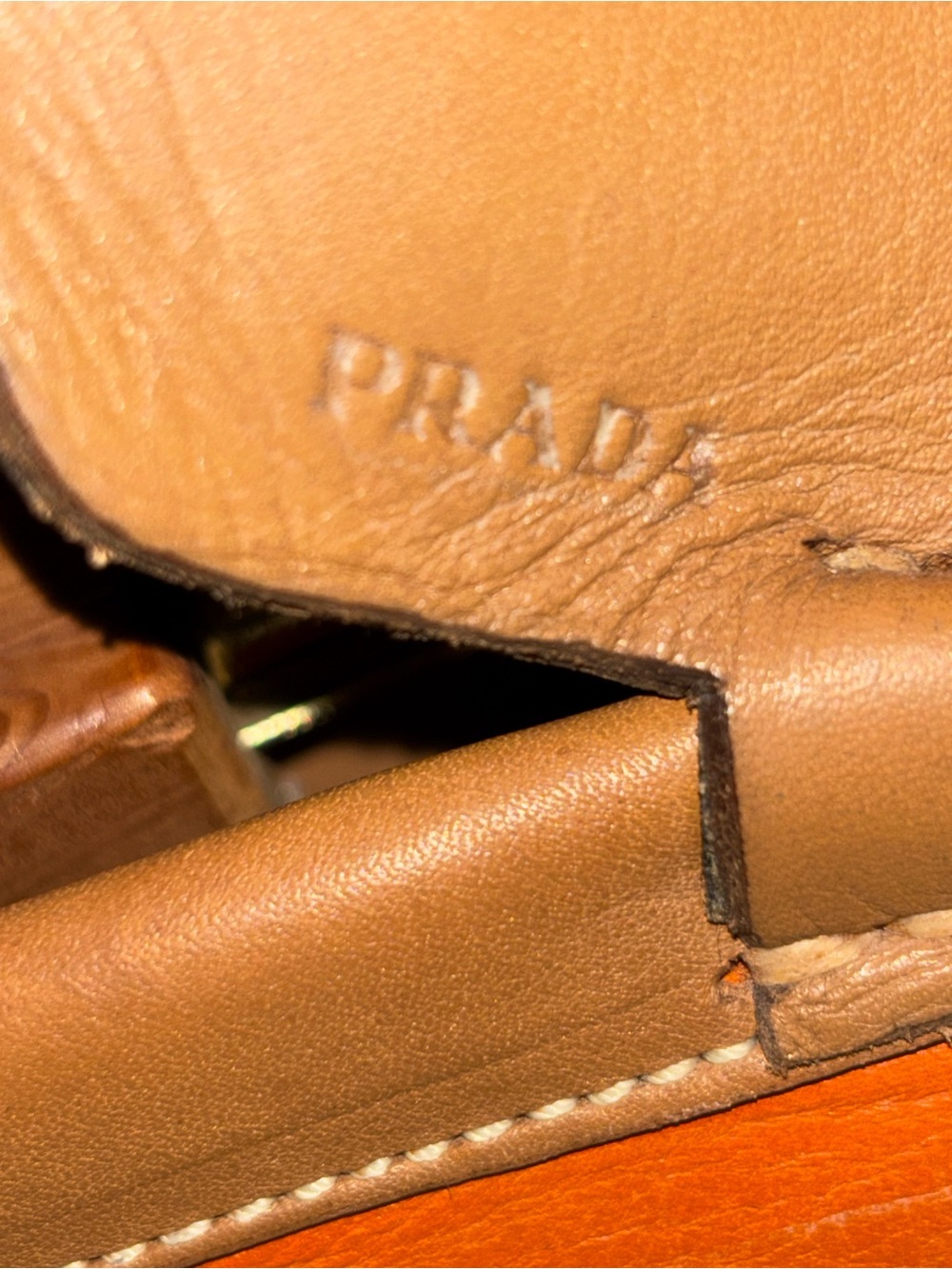 Prada Mens Saffiano Leather Slip On Driving Loafer Orange Tan Men's Size 7 - Picture 13 of 13
